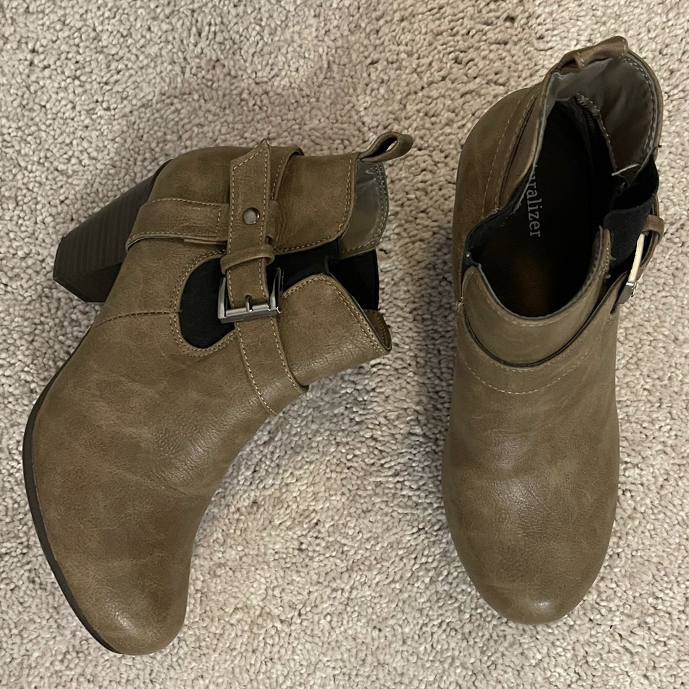 Taupe colored booties. Comfy with heel. Size 7.5.